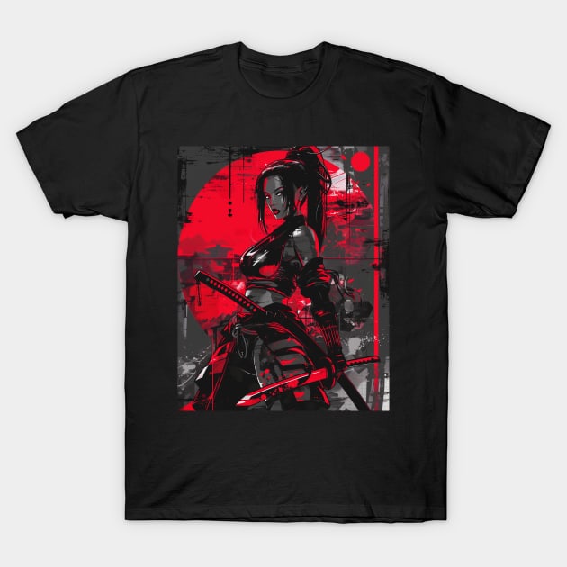 Red Japanese Samurai Girl T-Shirt by Vlaa